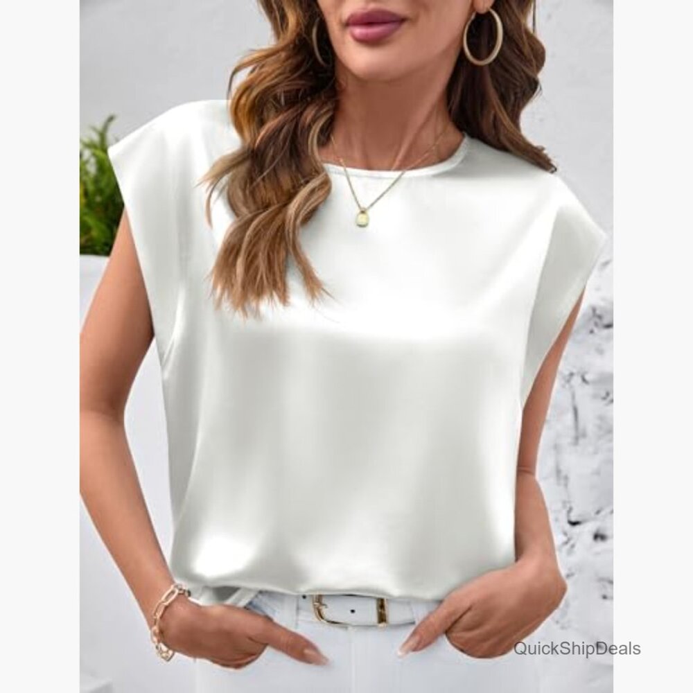 Silk Satin Cap Sleeve Tank Top Loose Fit Business Casual Blouse - Picture 2 of 7